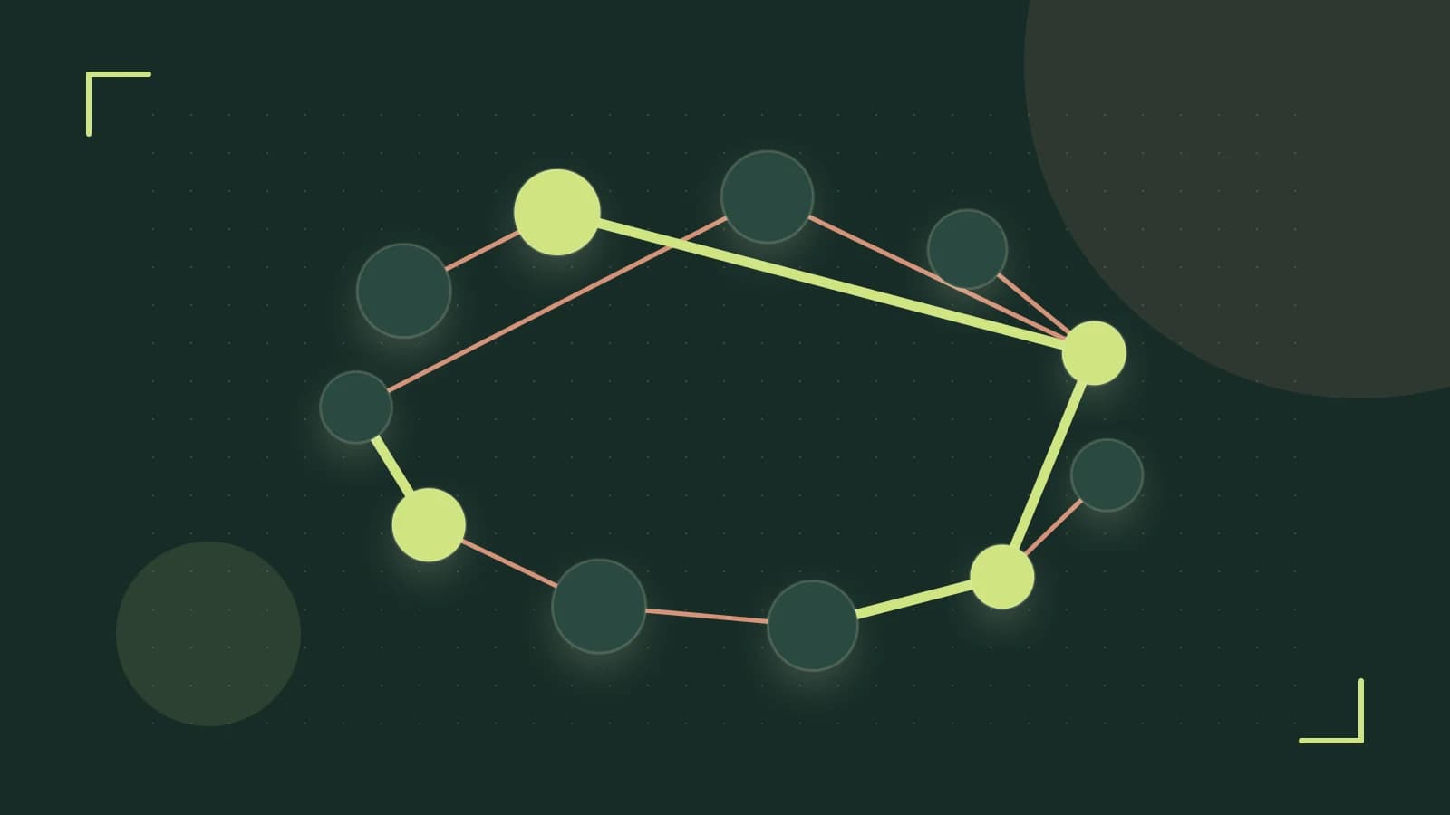 Editorial illustration of an algorithmic node graph with branching paths and a highlighted result