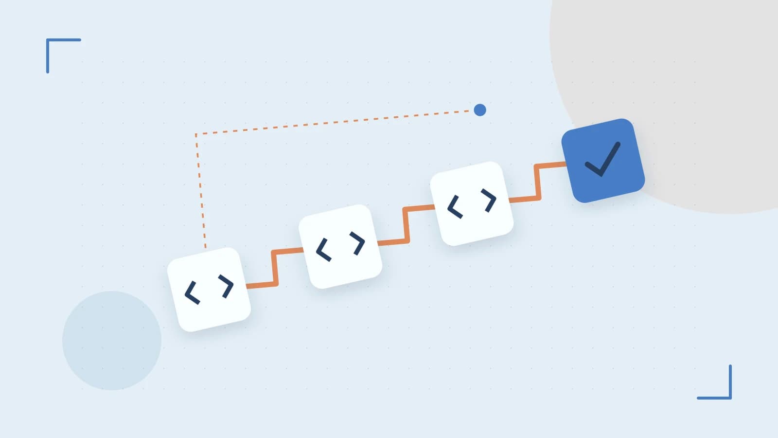 Editorial illustration of a branching build pipeline, staged transformations and a completed check