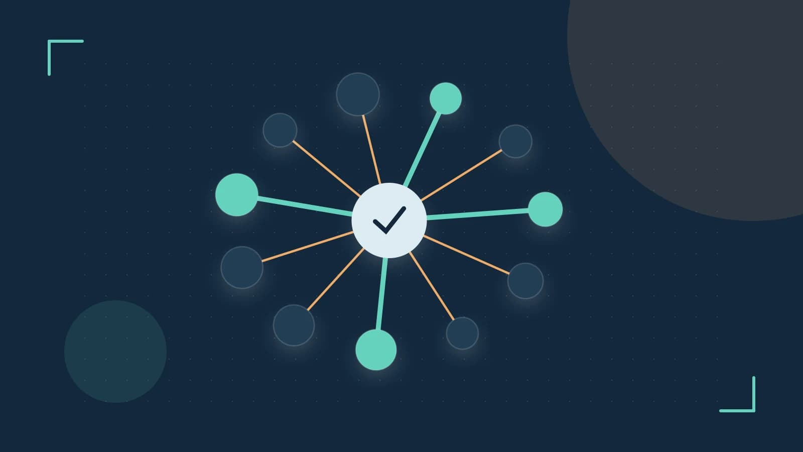 Editorial illustration of an algorithmic node graph with branching paths and a highlighted result