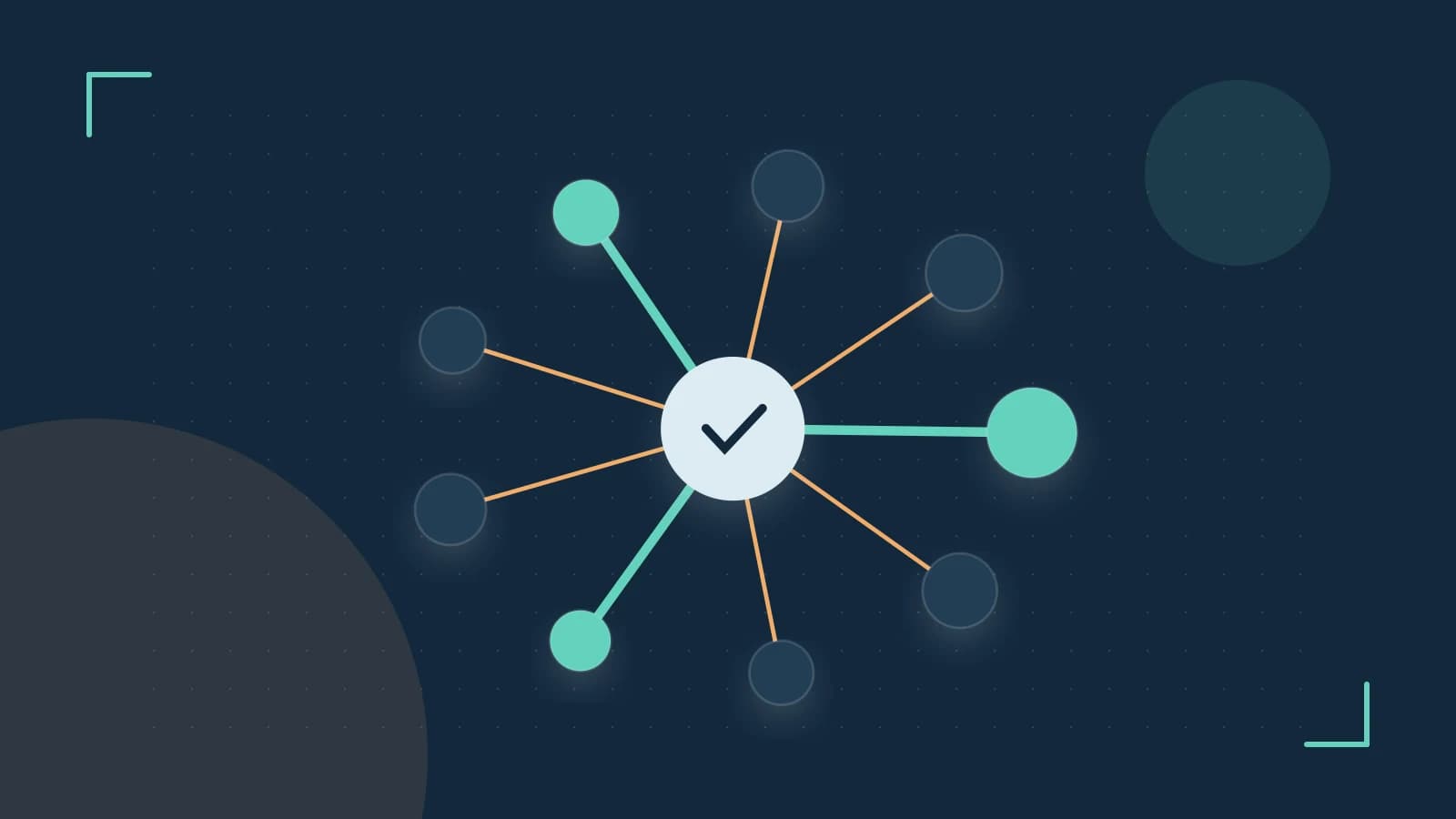 Editorial illustration of an algorithmic node graph with branching paths and a highlighted result