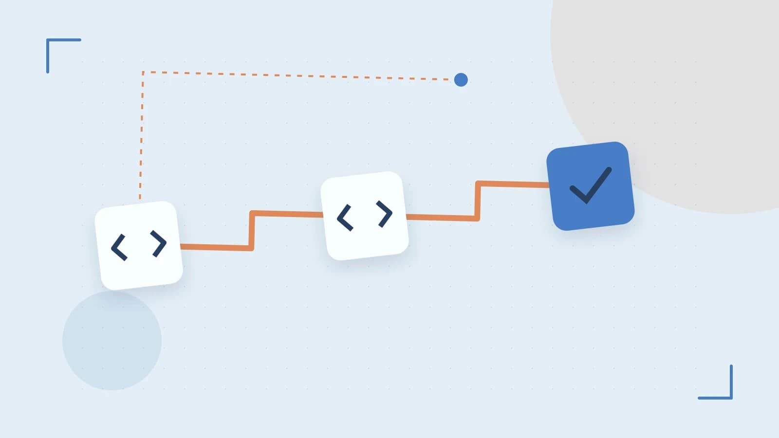 Editorial illustration of a branching build pipeline, staged transformations and a completed check