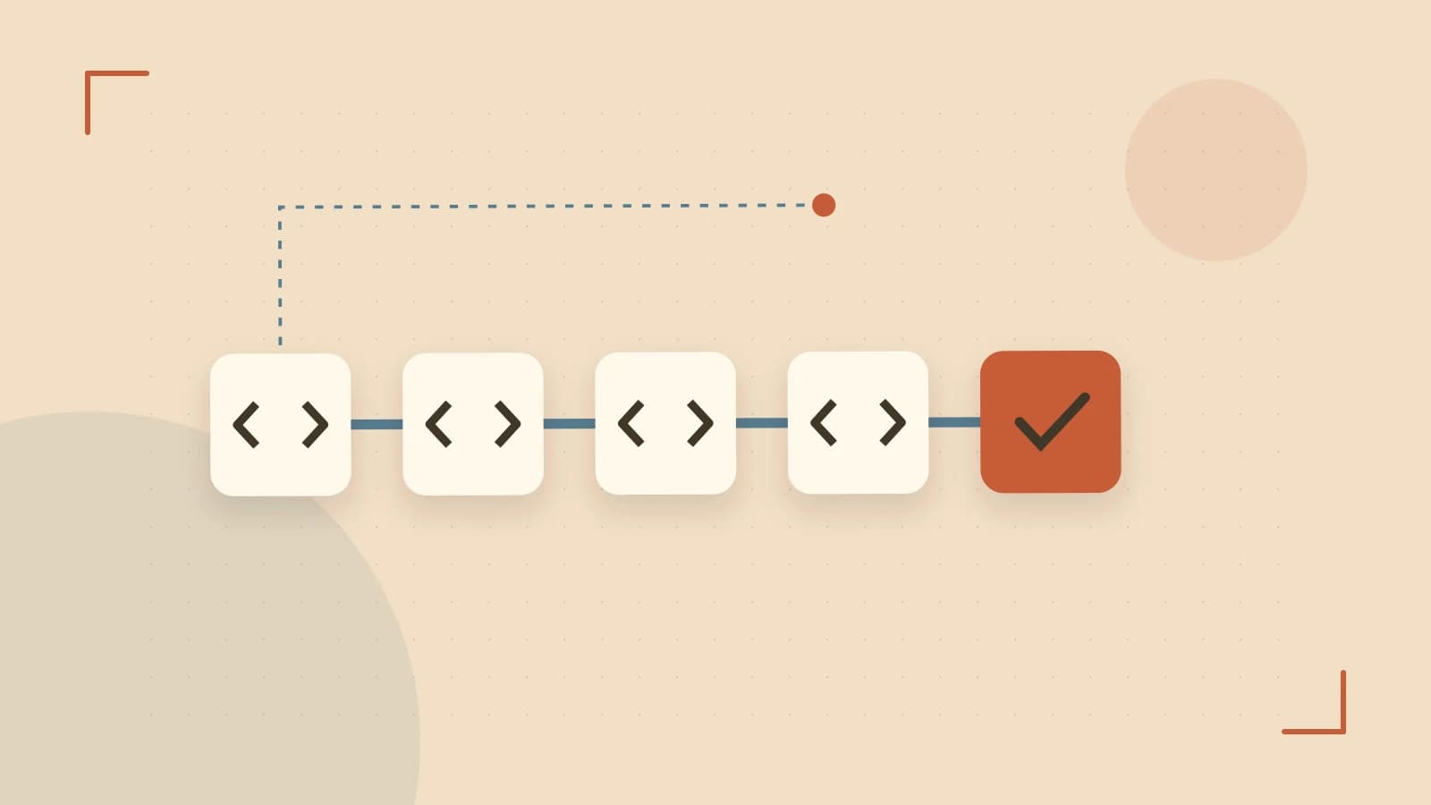 Editorial illustration of a branching build pipeline, staged transformations and a completed check