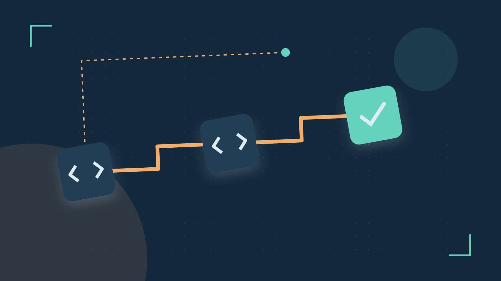 Editorial illustration of a branching build pipeline, staged transformations and a completed check