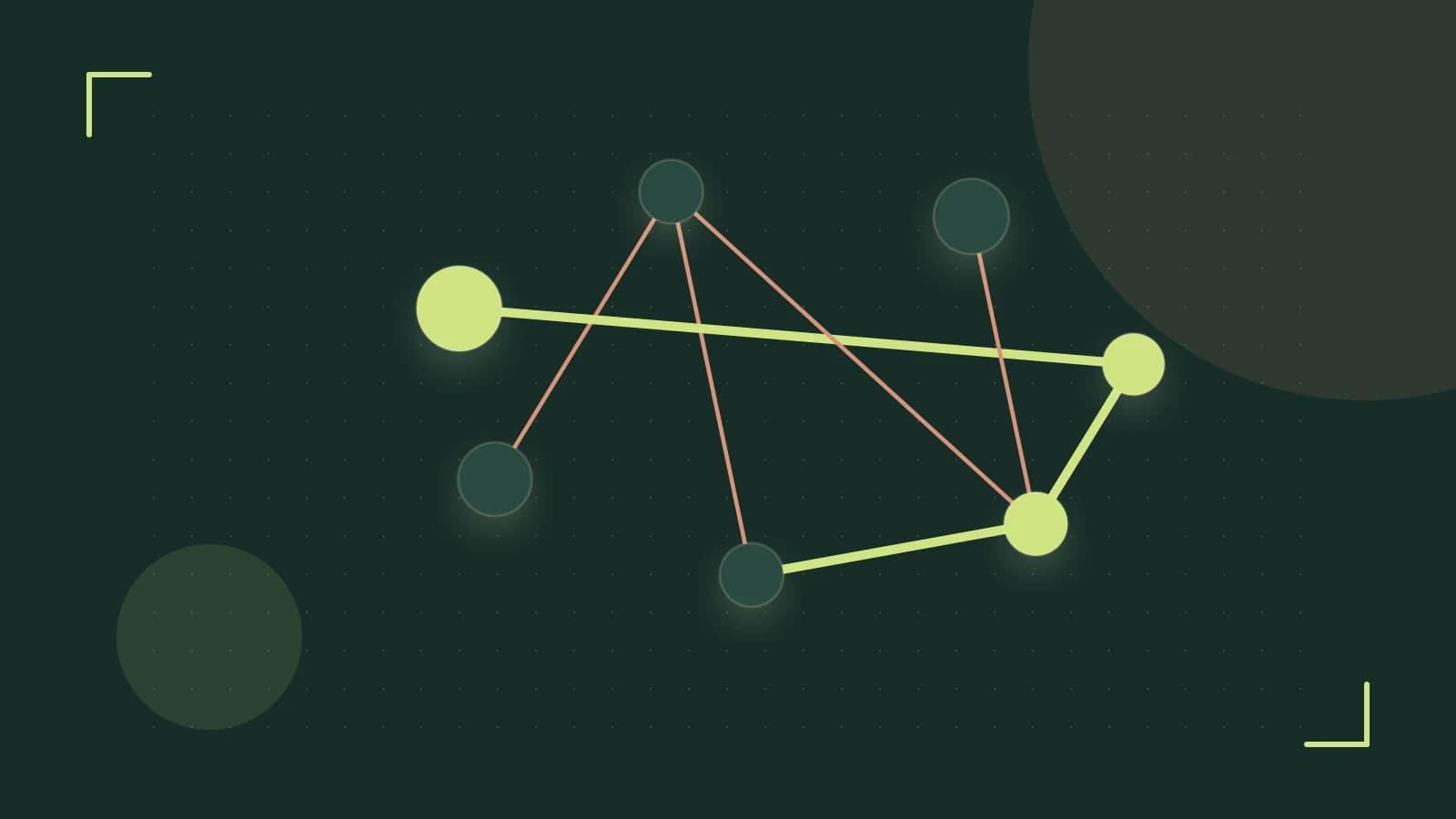 Editorial illustration of an algorithmic node graph with branching paths and a highlighted result