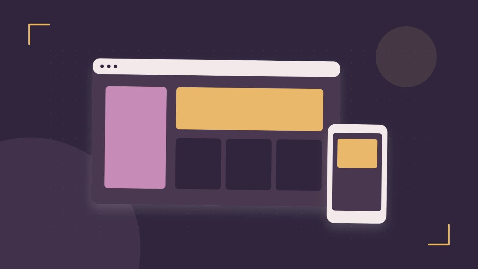 Editorial illustration of responsive browser layouts, overlapping design components and a color system