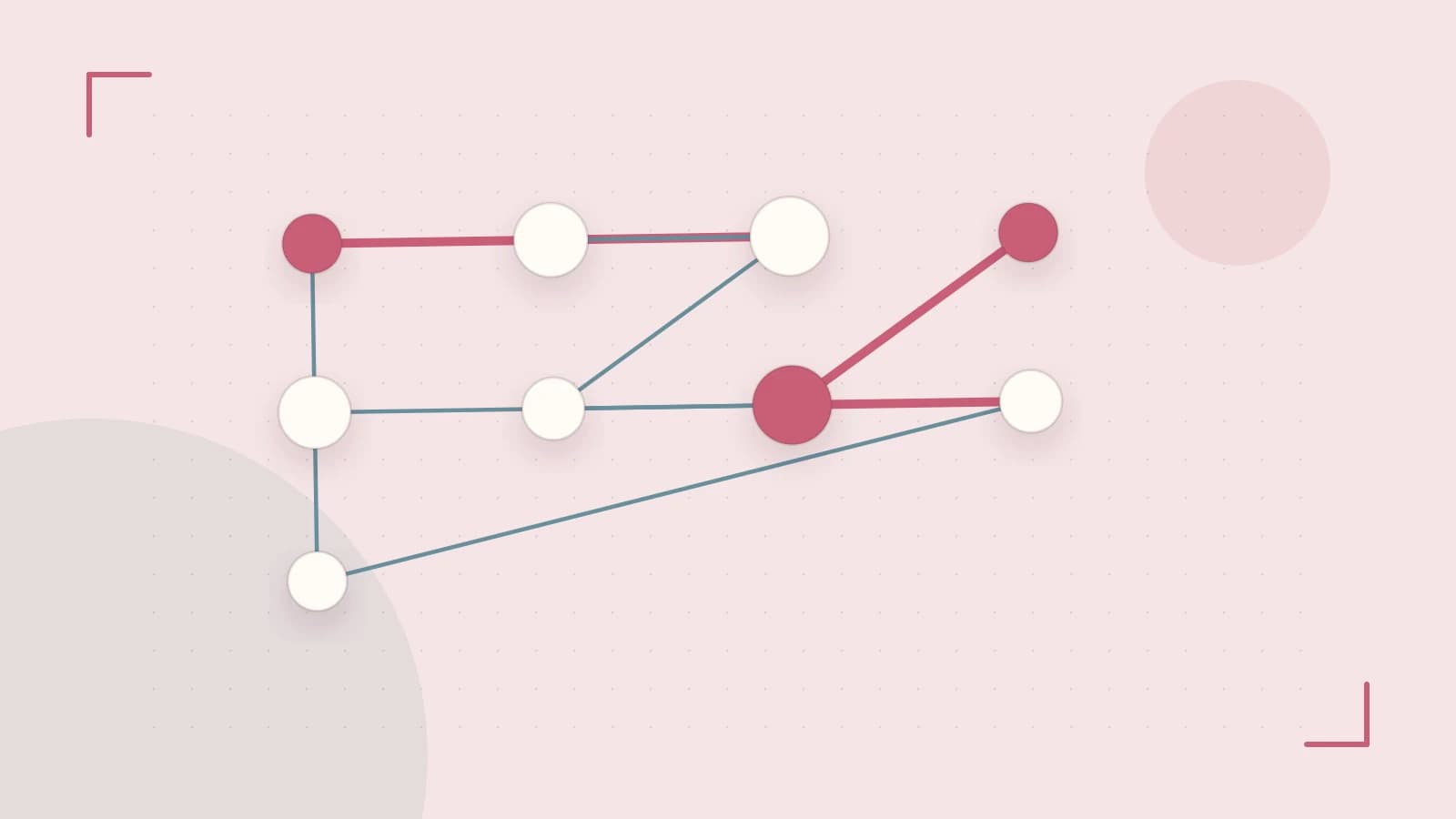 Editorial illustration of an algorithmic node graph with branching paths and a highlighted result