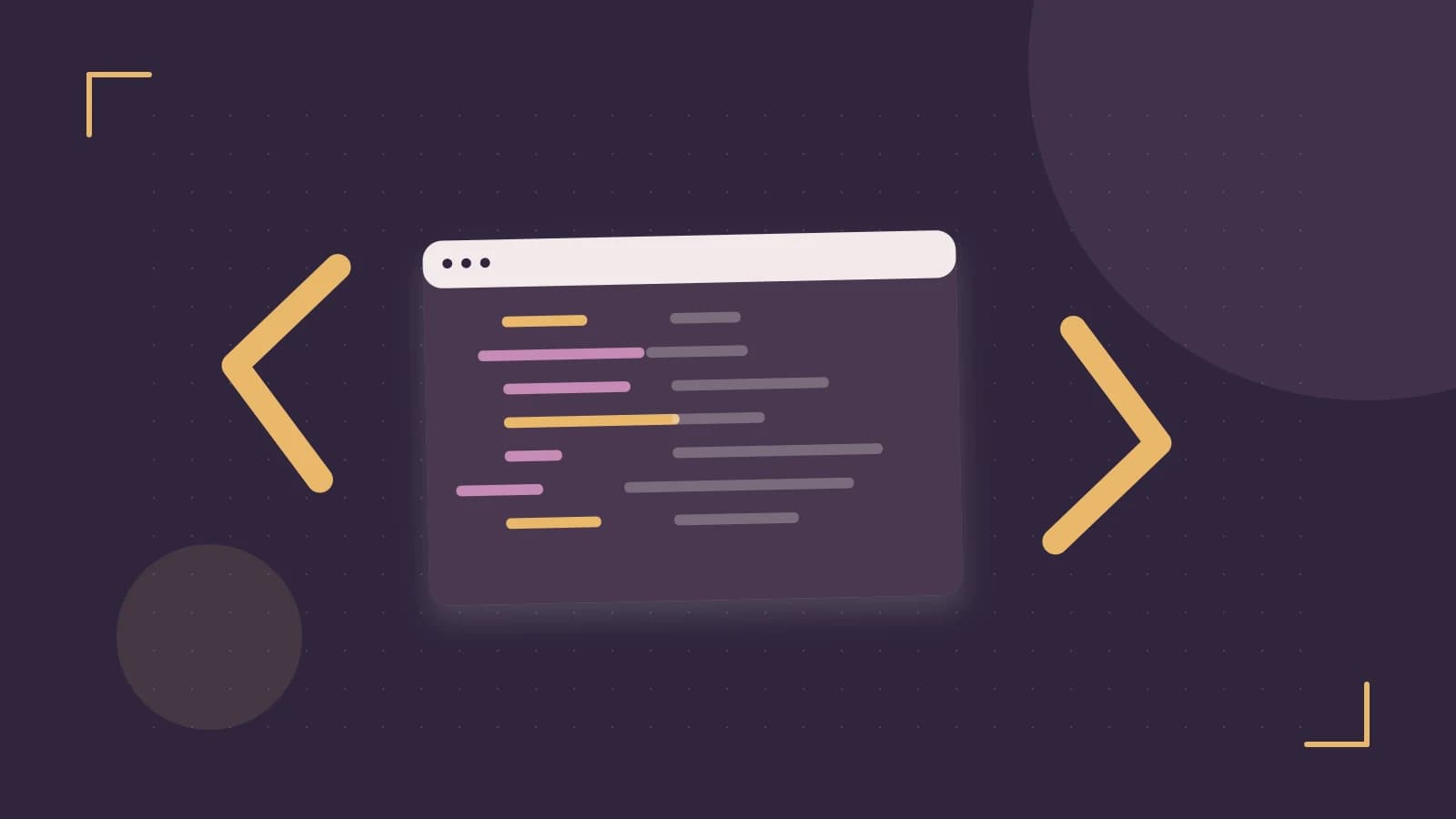 Editorial illustration of an abstract code editor, syntax blocks and oversized programming brackets