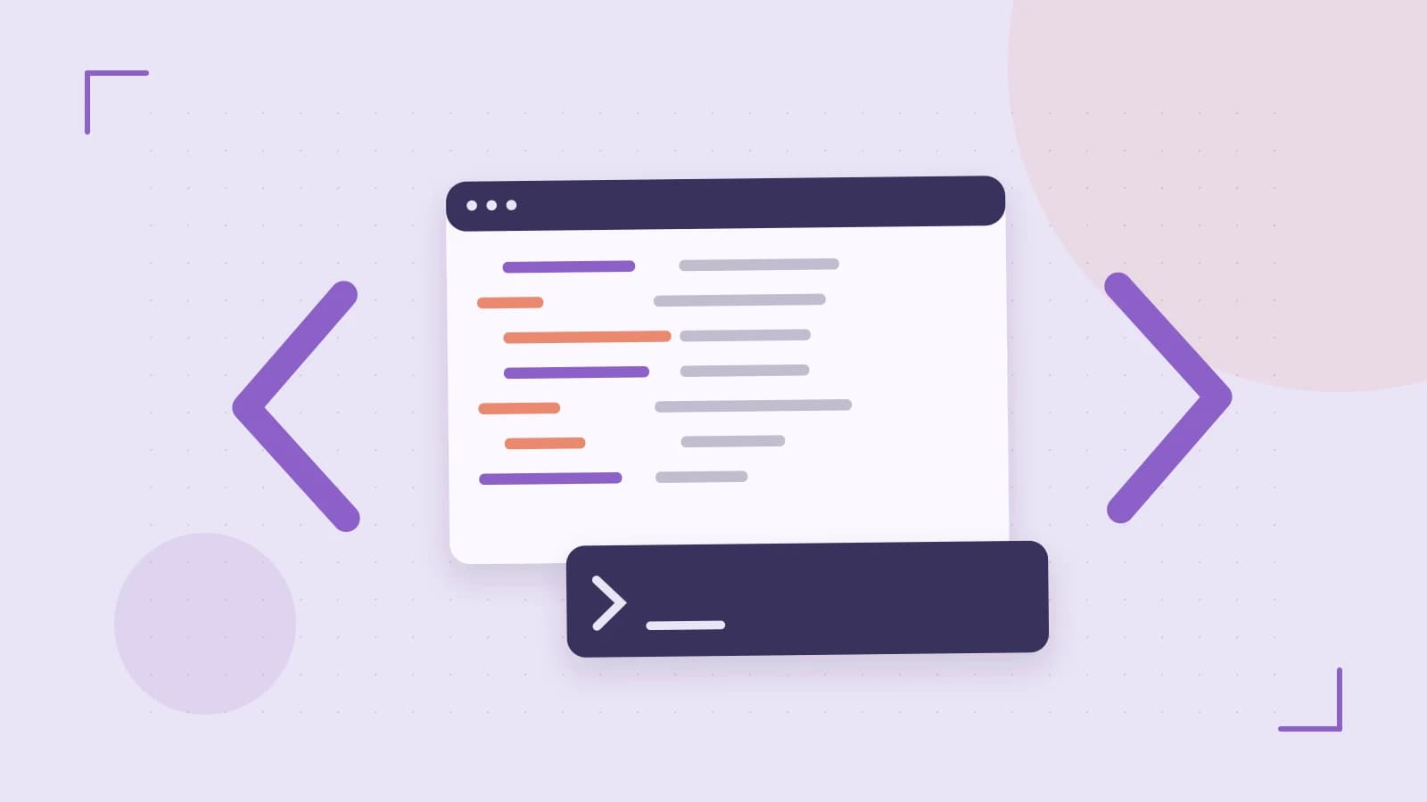 Editorial illustration of an abstract code editor, syntax blocks and oversized programming brackets