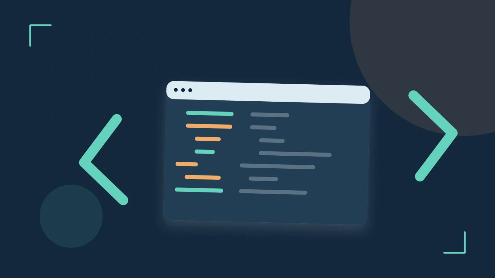 Editorial illustration of an abstract code editor, syntax blocks and oversized programming brackets