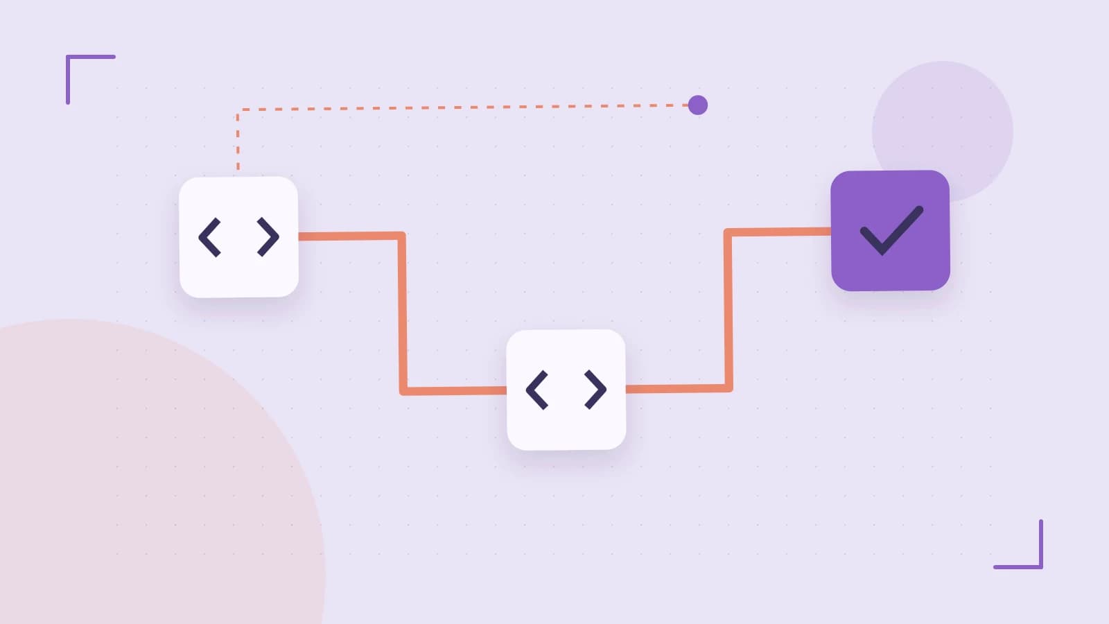 Editorial illustration of a branching build pipeline, staged transformations and a completed check