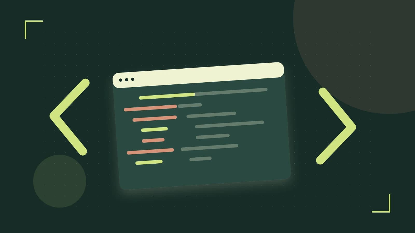 Editorial illustration of an abstract code editor, syntax blocks and oversized programming brackets