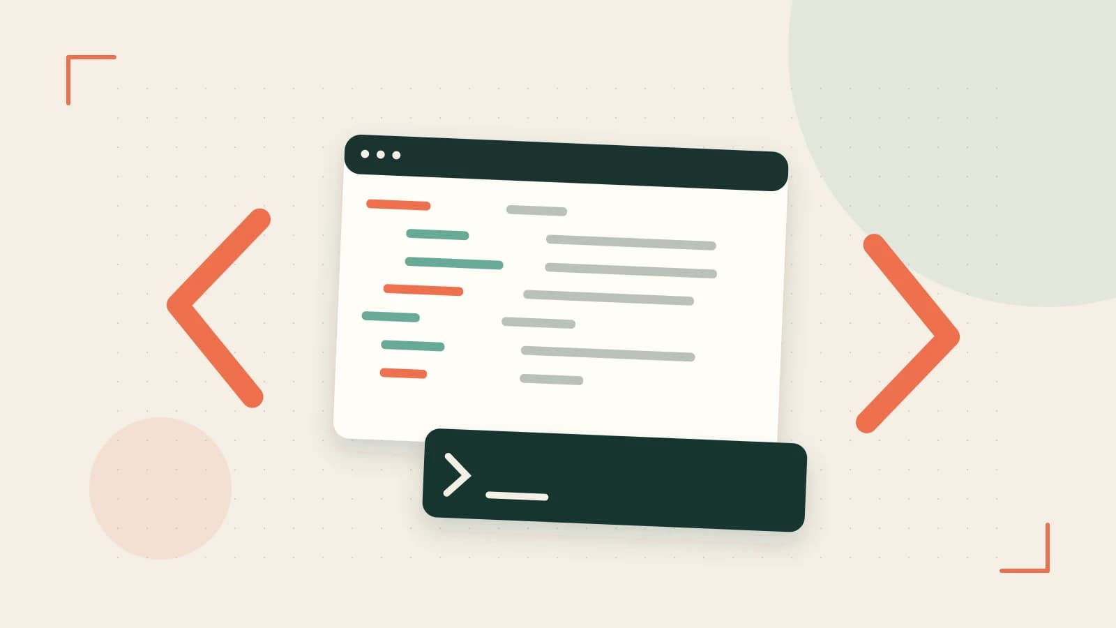 Editorial illustration of an abstract code editor, syntax blocks and oversized programming brackets