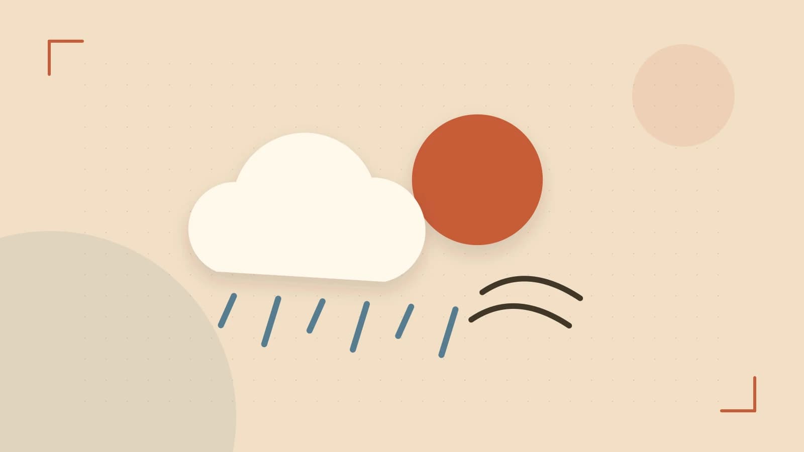 Editorial illustration of a sun, layered clouds, raindrops and flowing weather patterns