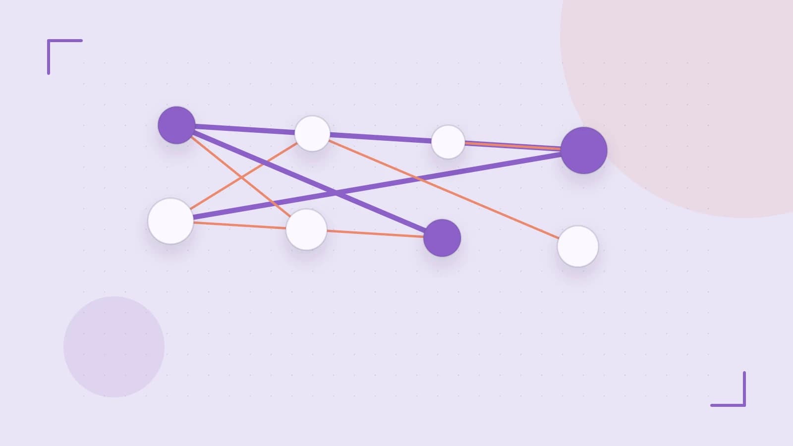 Editorial illustration of an algorithmic node graph with branching paths and a highlighted result