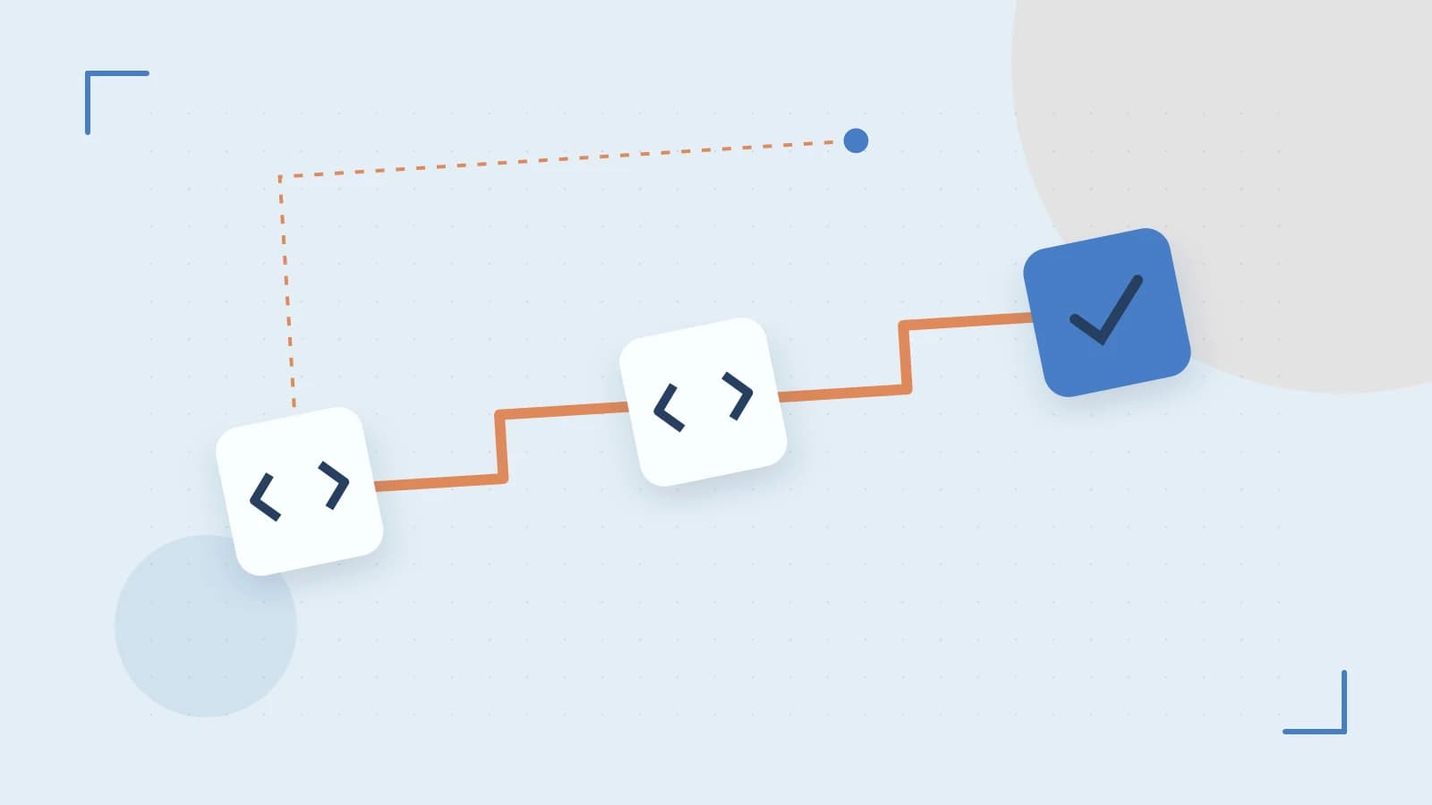 Editorial illustration of a branching build pipeline, staged transformations and a completed check