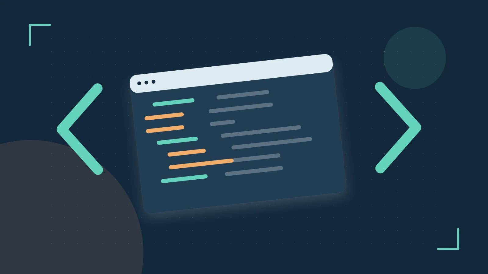 Editorial illustration of an abstract code editor, syntax blocks and oversized programming brackets