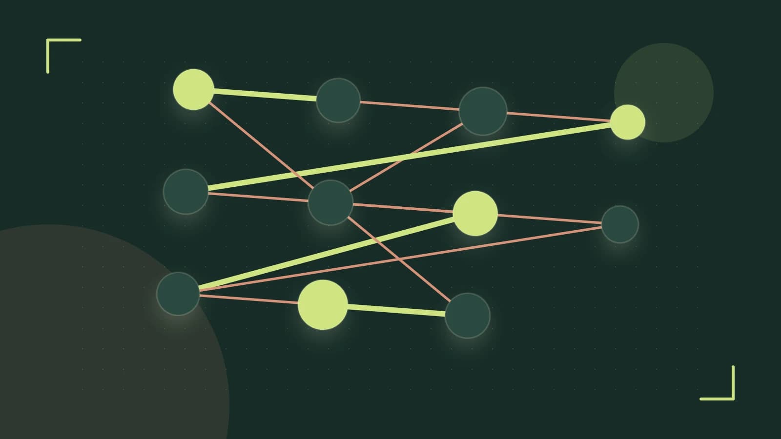 Editorial illustration of an algorithmic node graph with branching paths and a highlighted result