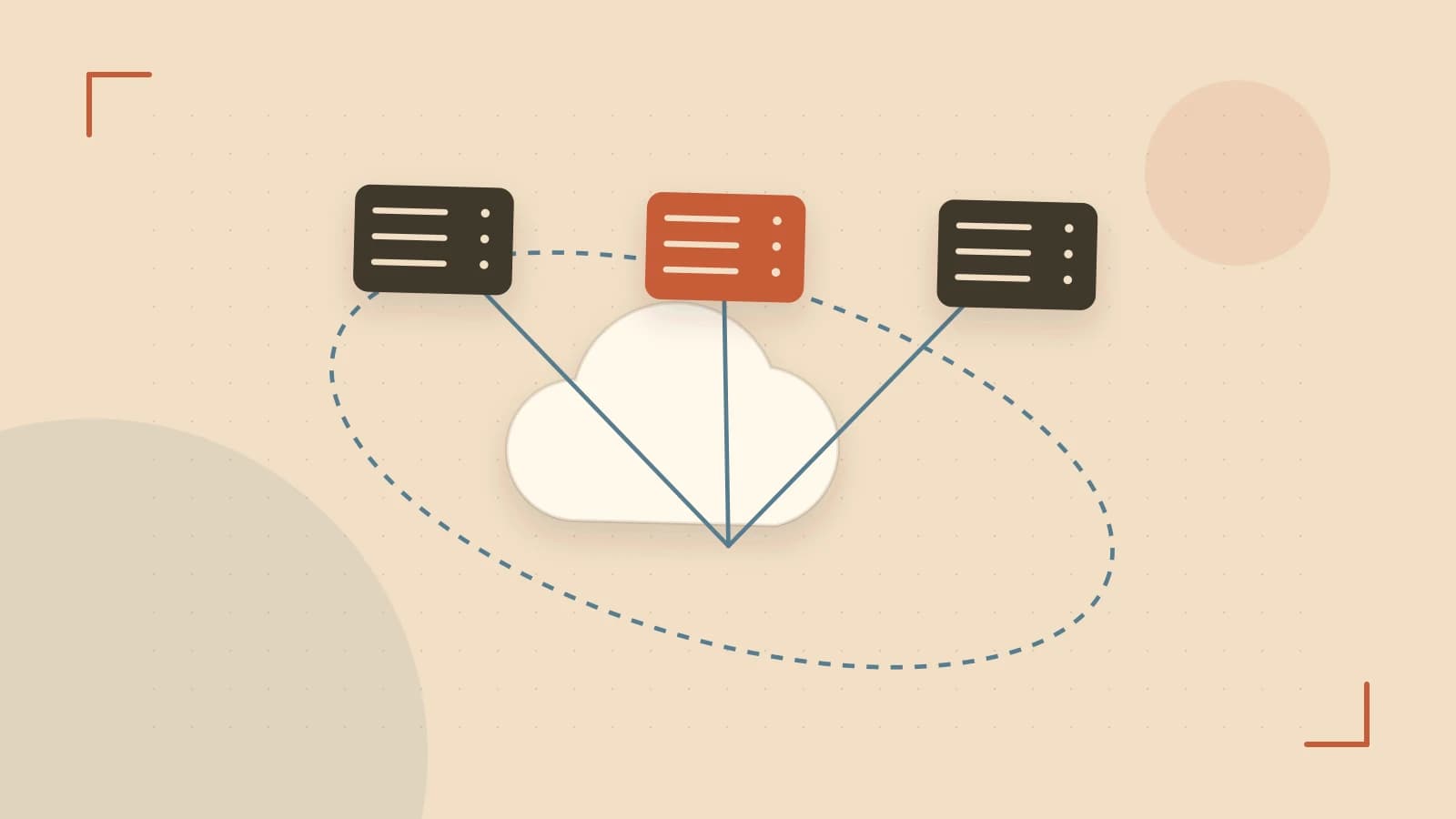 Editorial illustration of cloud infrastructure, connected server racks and an orbital service map