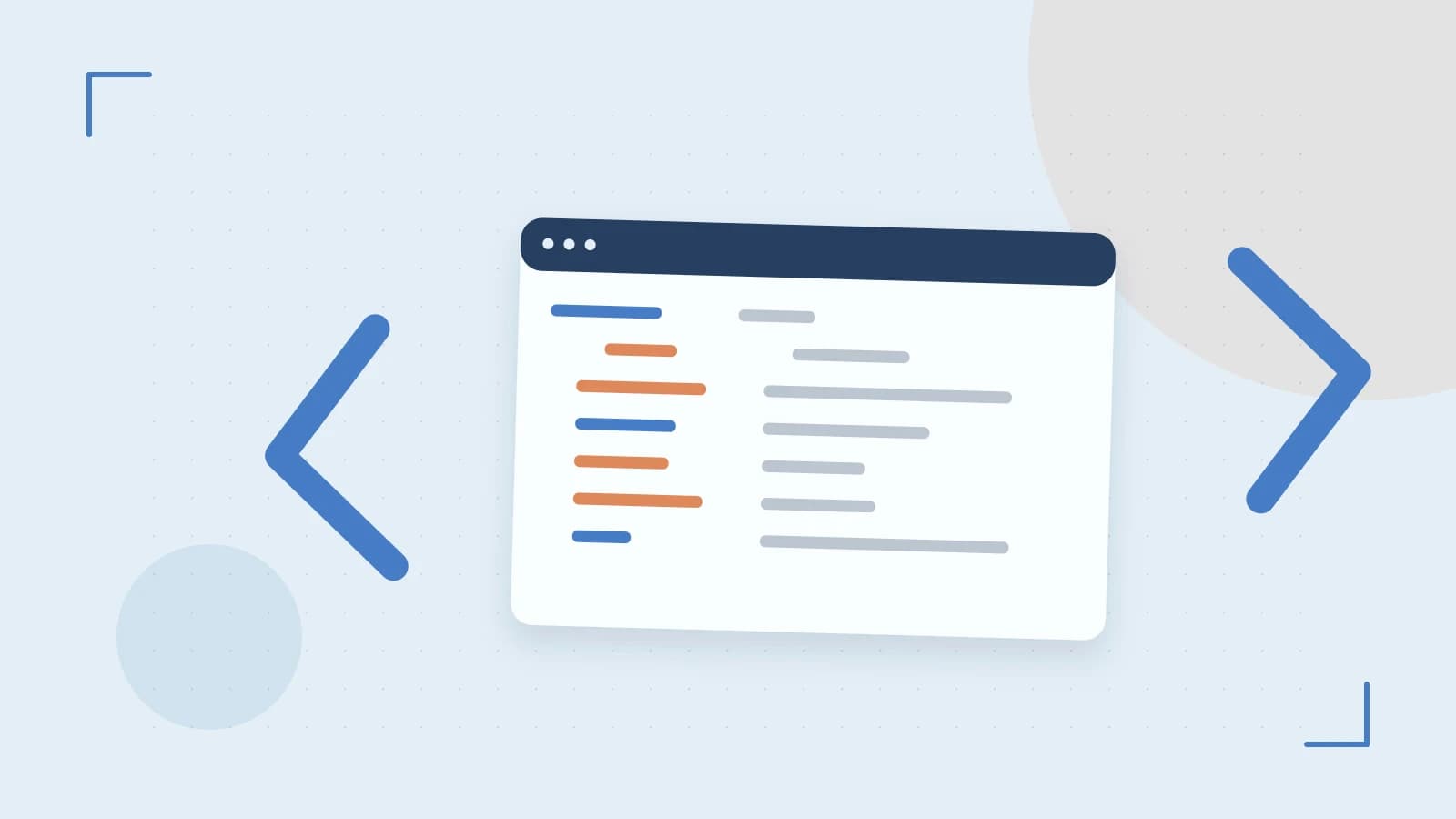 Editorial illustration of an abstract code editor, syntax blocks and oversized programming brackets