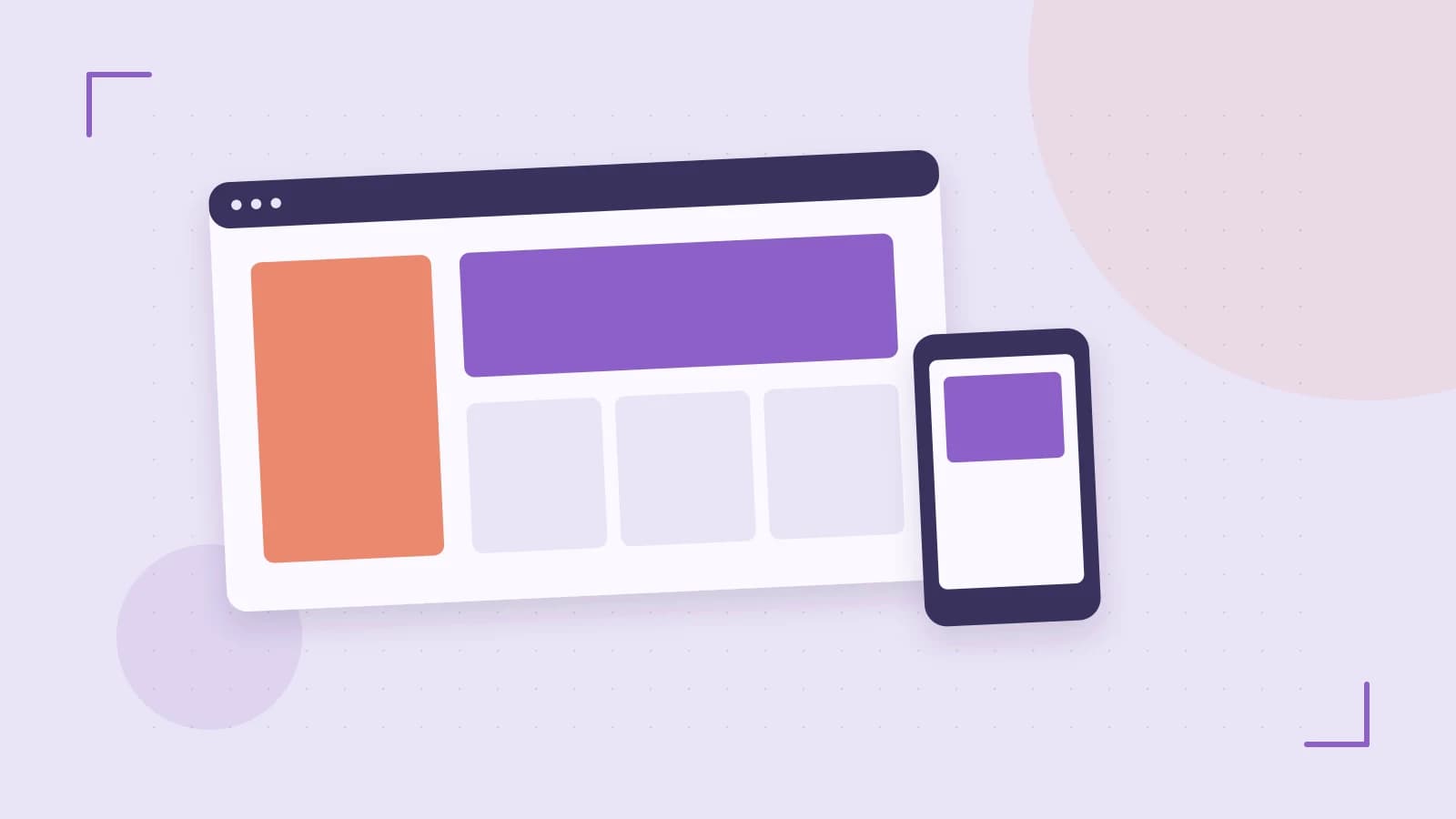 Editorial illustration of responsive browser layouts, overlapping design components and a color system