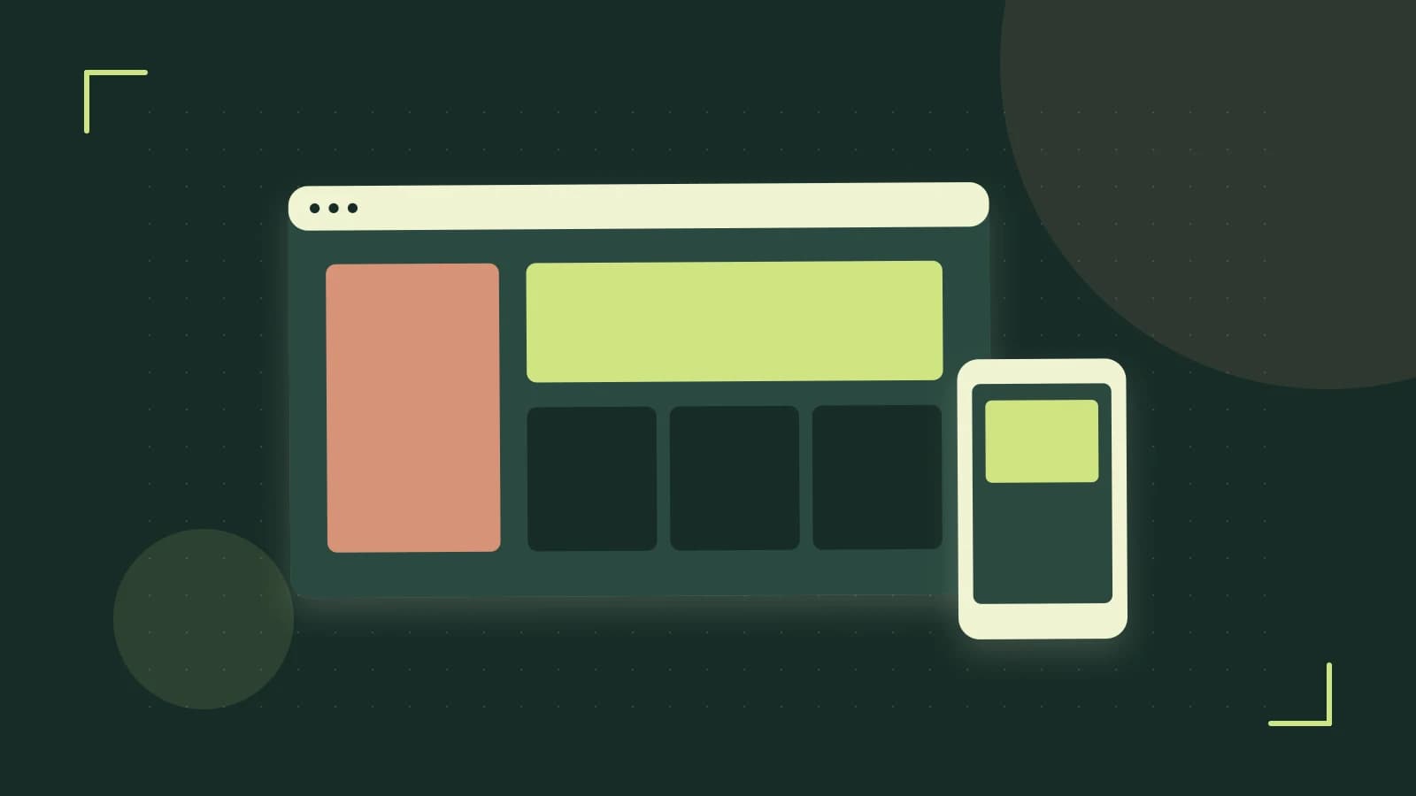 Editorial illustration of responsive browser layouts, overlapping design components and a color system