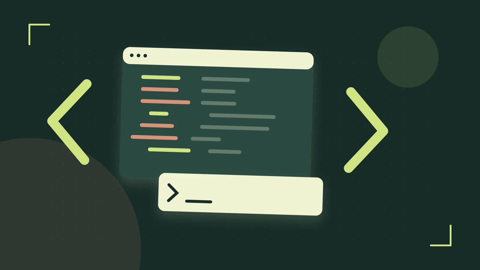 Editorial illustration of an abstract code editor, syntax blocks and oversized programming brackets