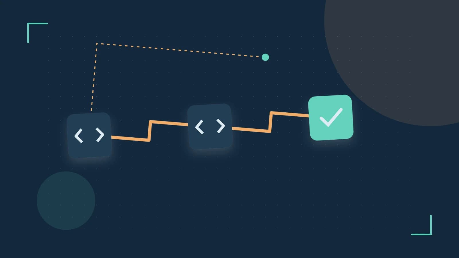Editorial illustration of a branching build pipeline, staged transformations and a completed check