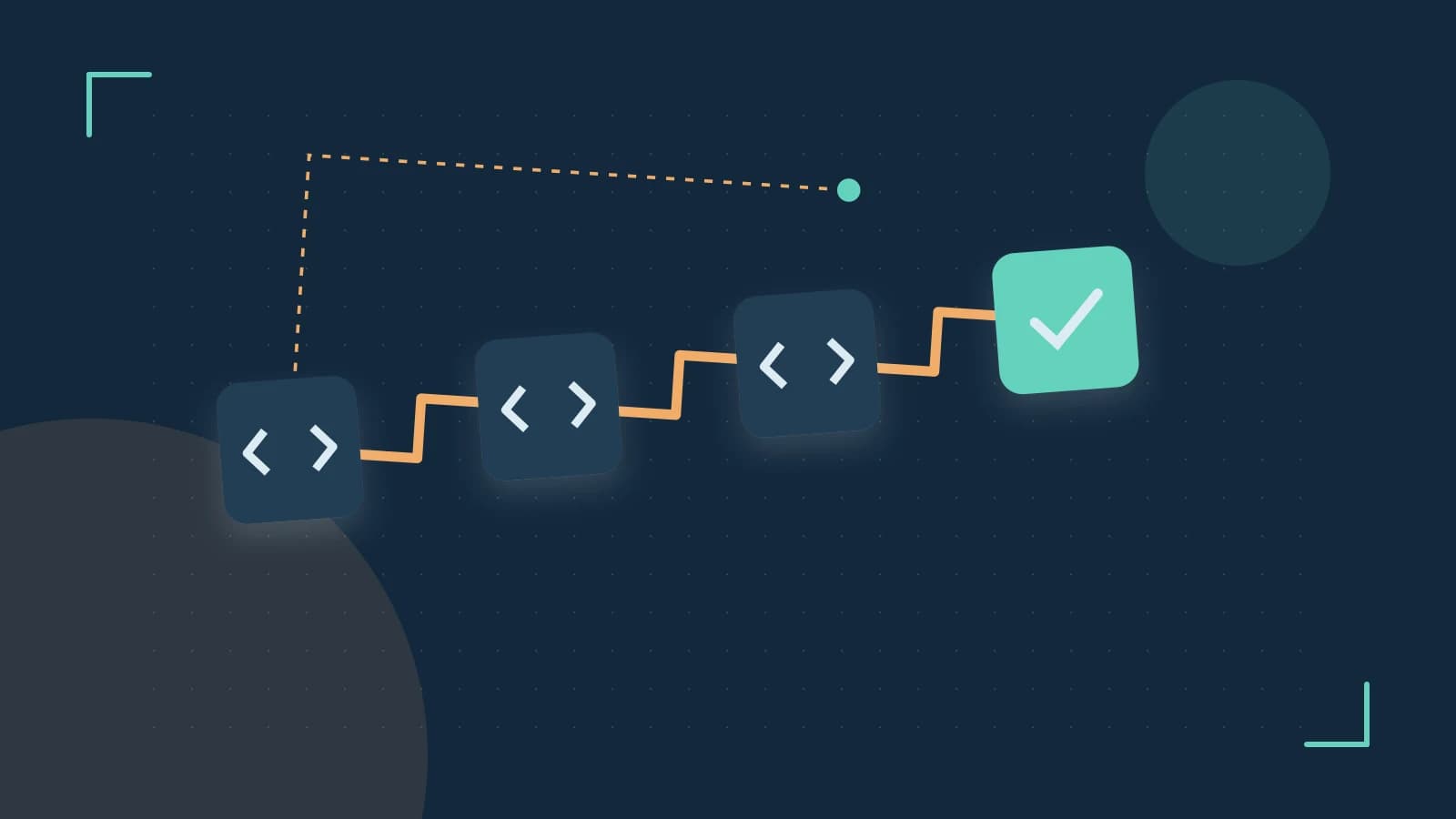 Editorial illustration of a branching build pipeline, staged transformations and a completed check