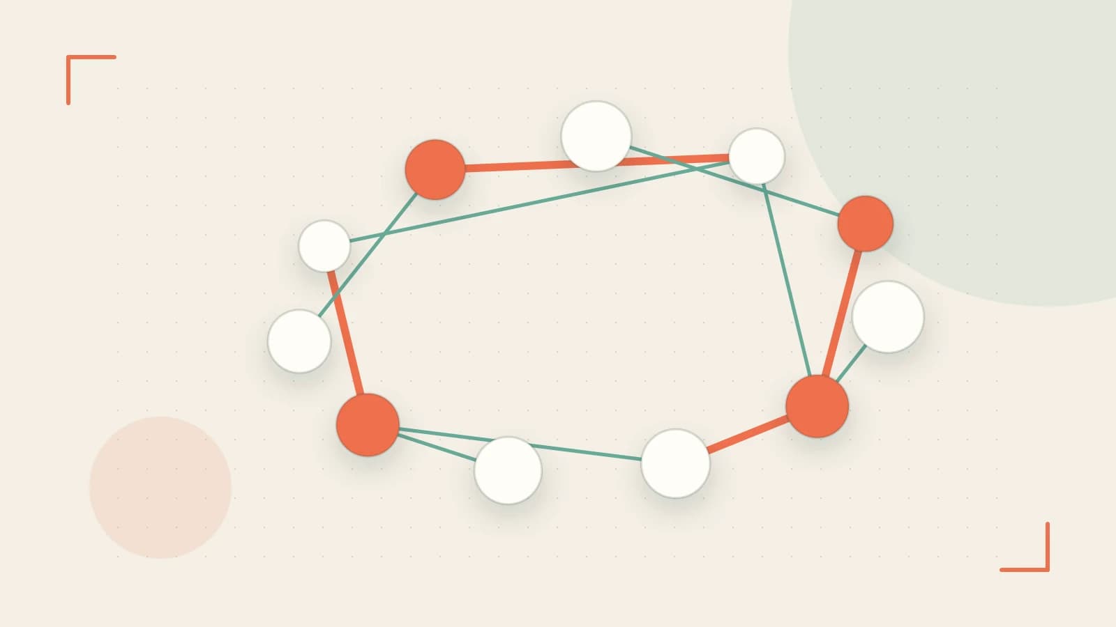 Editorial illustration of an algorithmic node graph with branching paths and a highlighted result