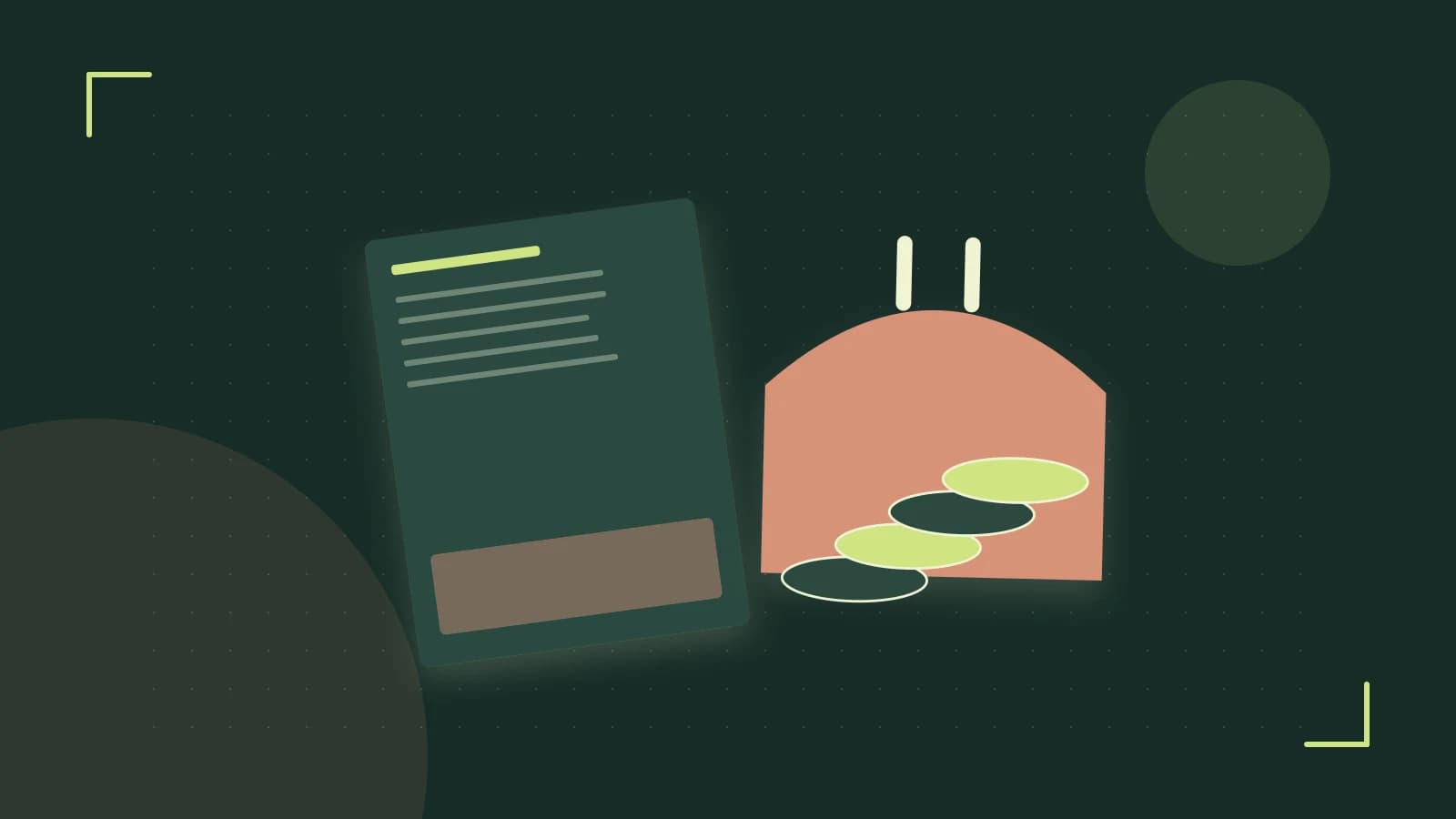 Editorial illustration of abstract coins, a payment card and a geometric financial chart without data labels