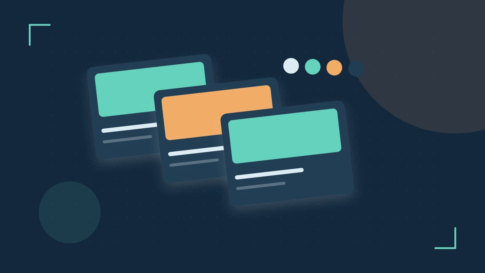 Editorial illustration of responsive browser layouts, overlapping design components and a color system