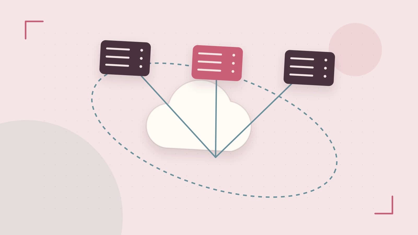 Editorial illustration of cloud infrastructure, connected server racks and an orbital service map