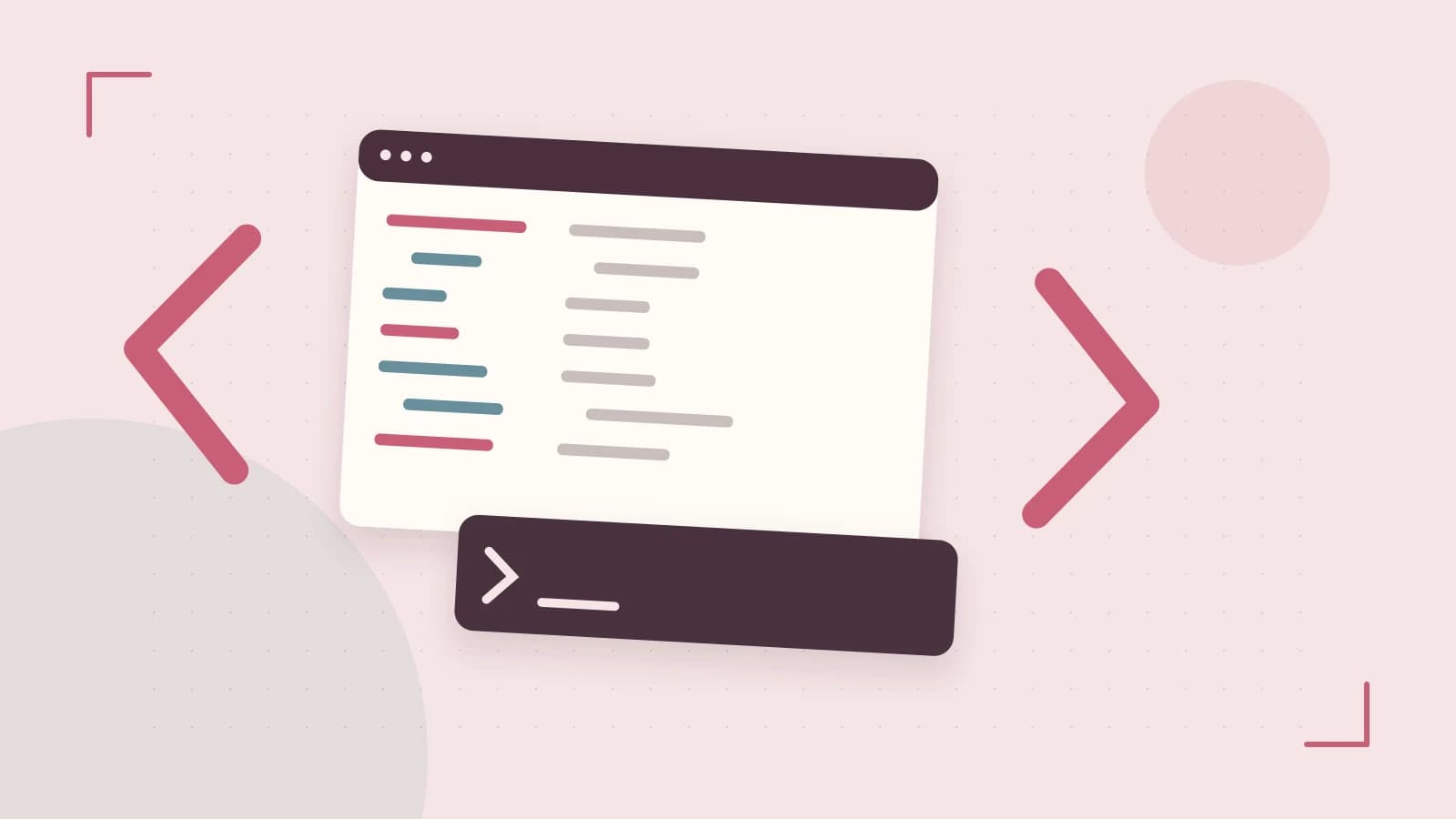 Editorial illustration of an abstract code editor, syntax blocks and oversized programming brackets