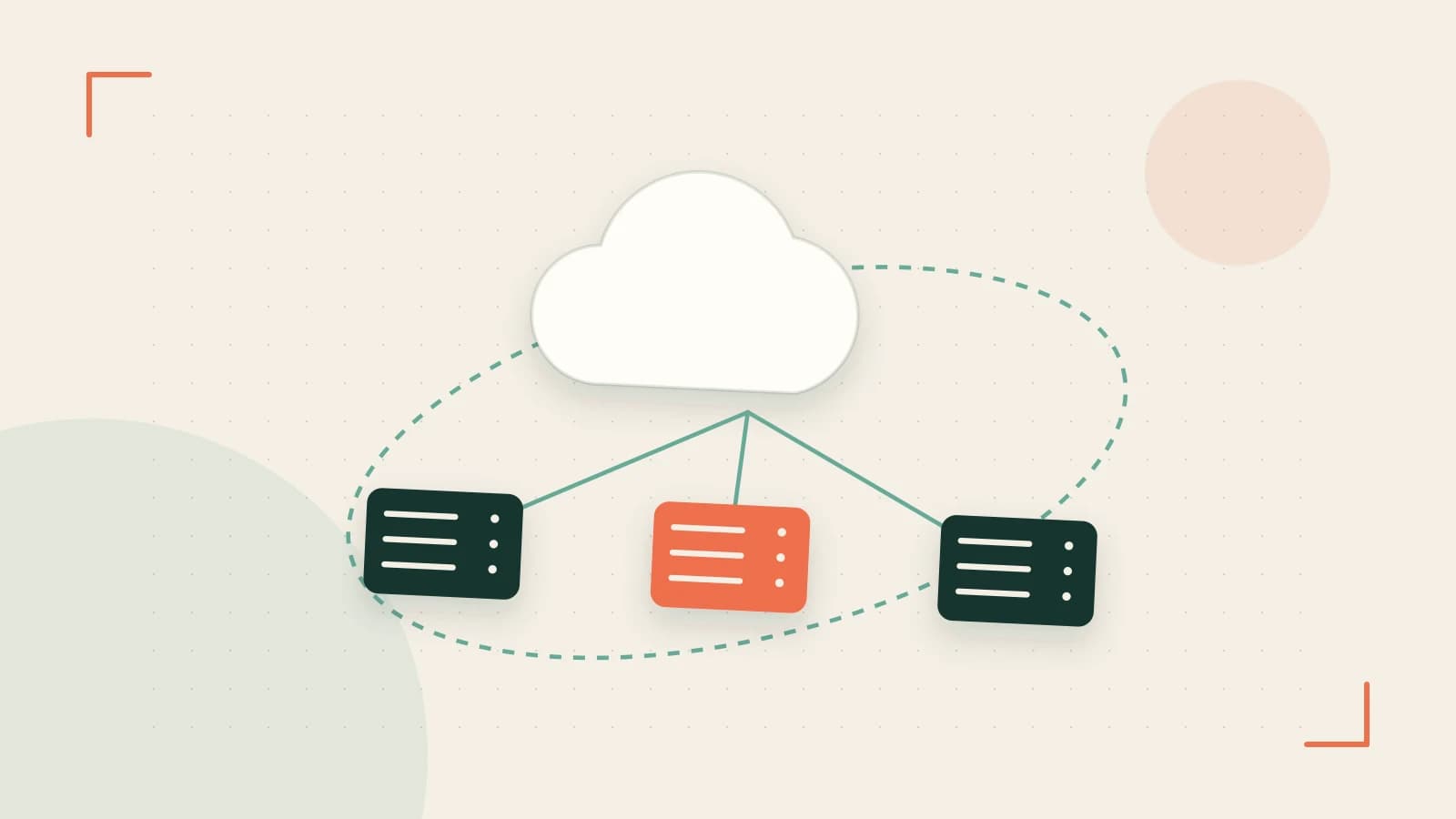 Editorial illustration of cloud infrastructure, connected server racks and an orbital service map