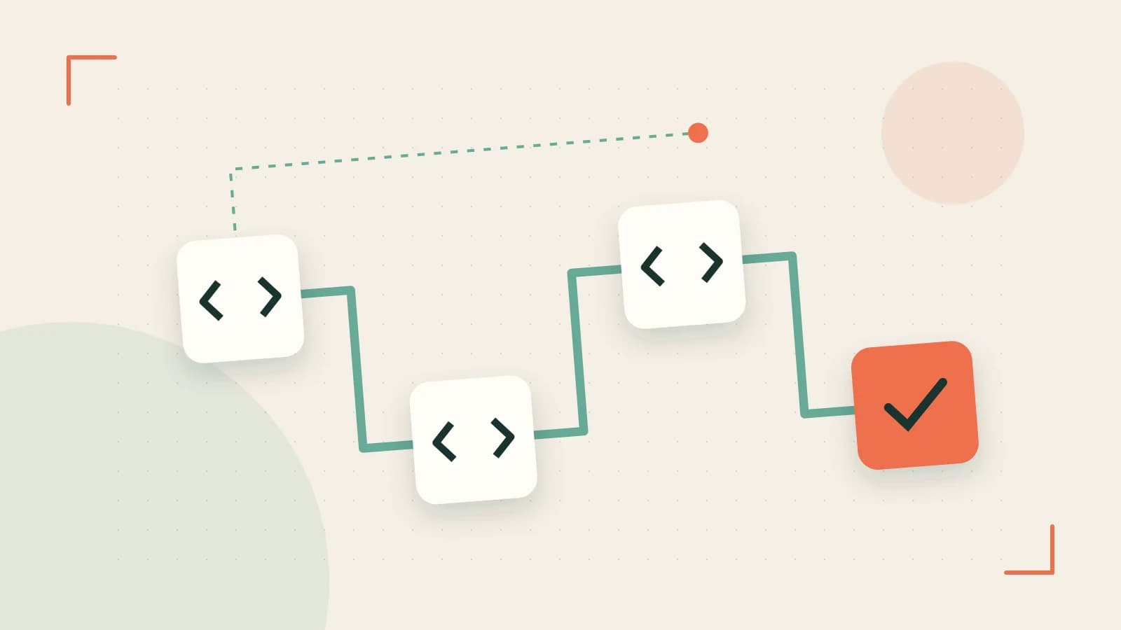 Editorial illustration of a branching build pipeline, staged transformations and a completed check