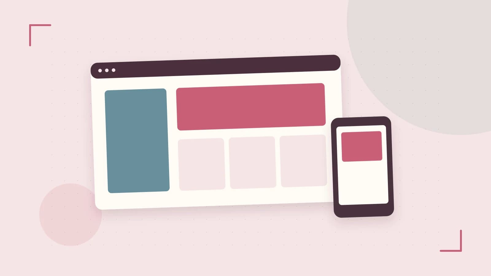 Editorial illustration of responsive browser layouts, overlapping design components and a color system