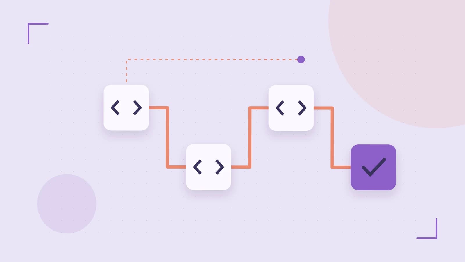 Editorial illustration of a branching build pipeline, staged transformations and a completed check