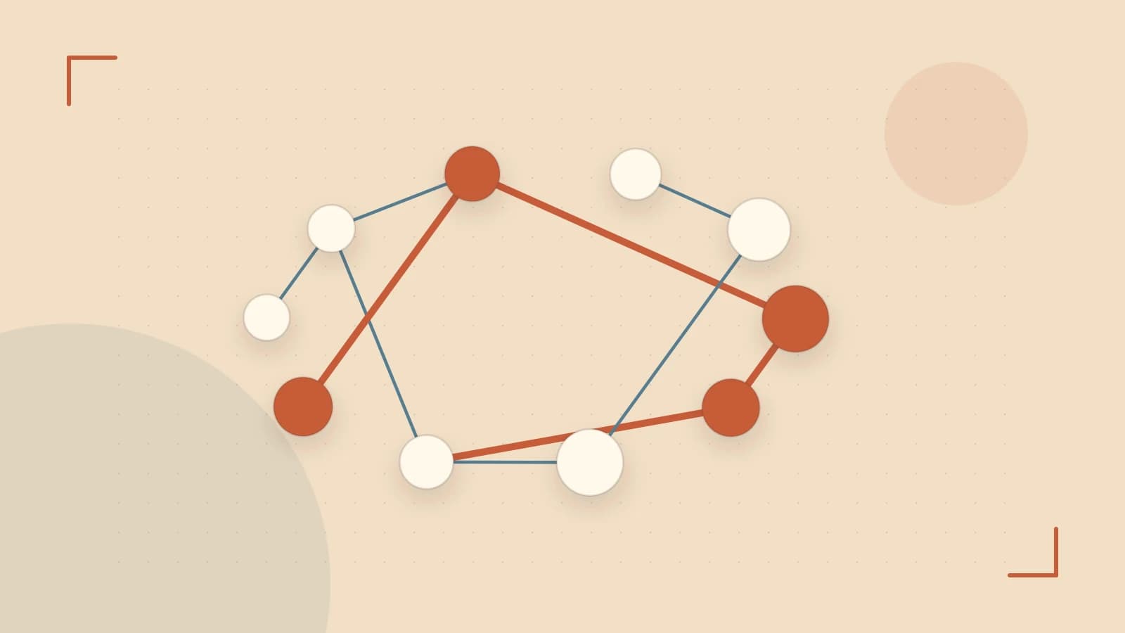 Editorial illustration of an algorithmic node graph with branching paths and a highlighted result
