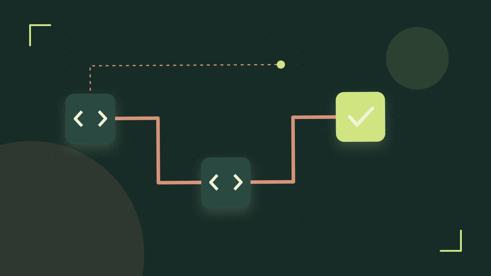 Editorial illustration of a branching build pipeline, staged transformations and a completed check
