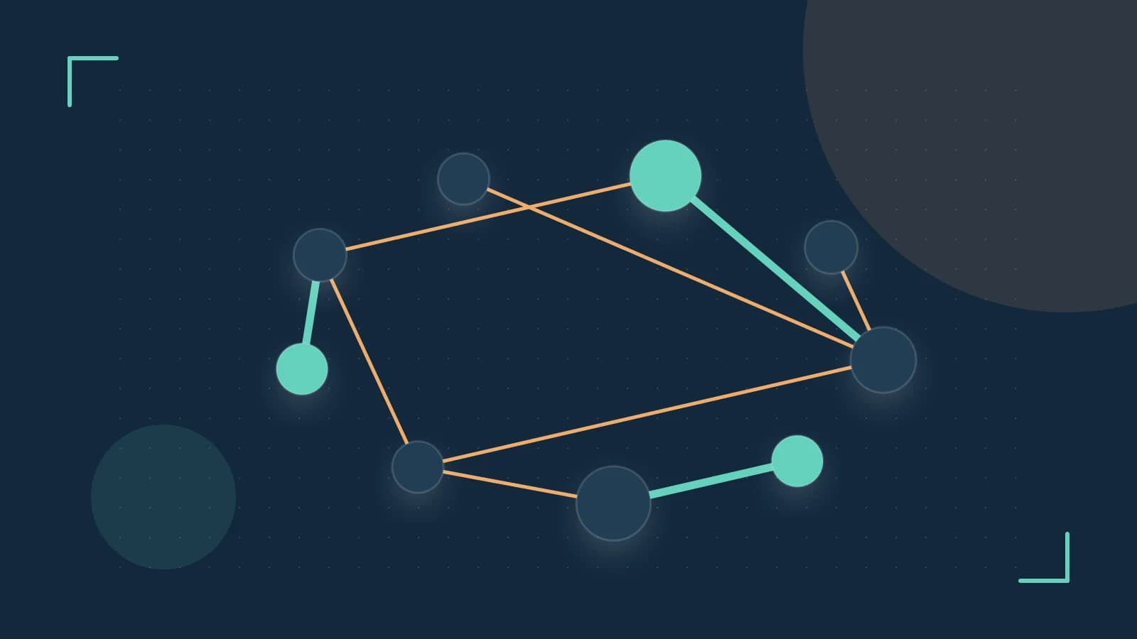 Editorial illustration of an algorithmic node graph with branching paths and a highlighted result