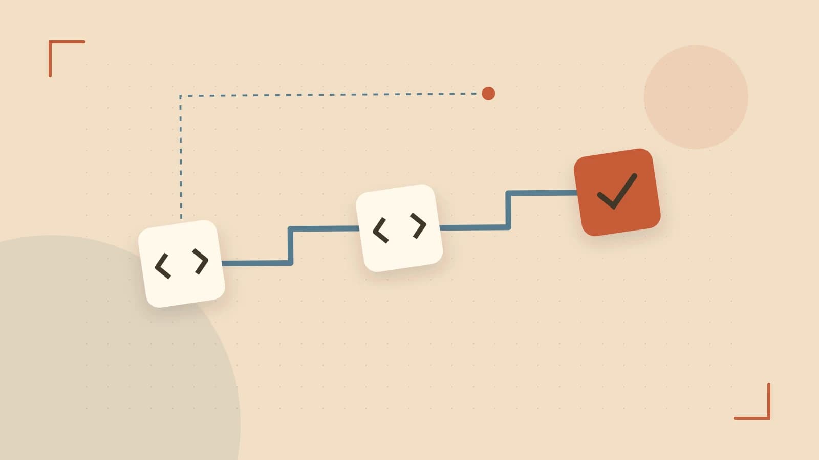 Editorial illustration of a branching build pipeline, staged transformations and a completed check
