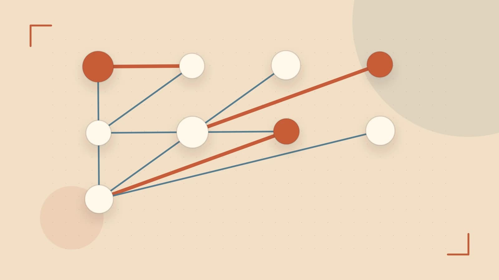 Editorial illustration of an algorithmic node graph with branching paths and a highlighted result