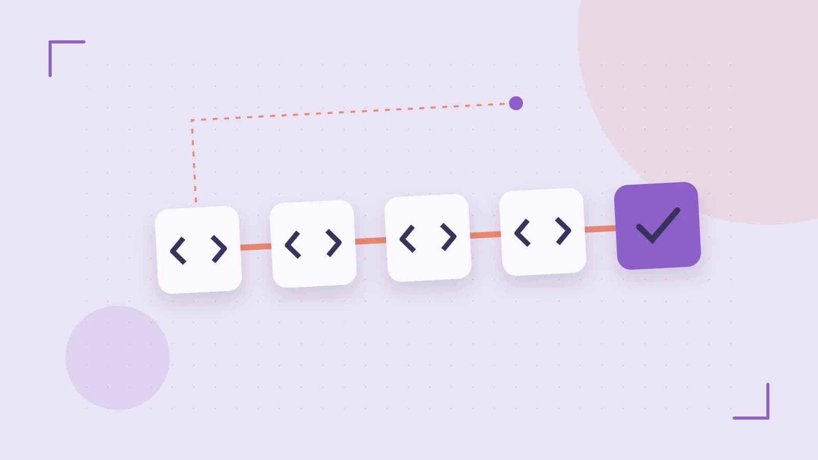 Editorial illustration of a branching build pipeline, staged transformations and a completed check