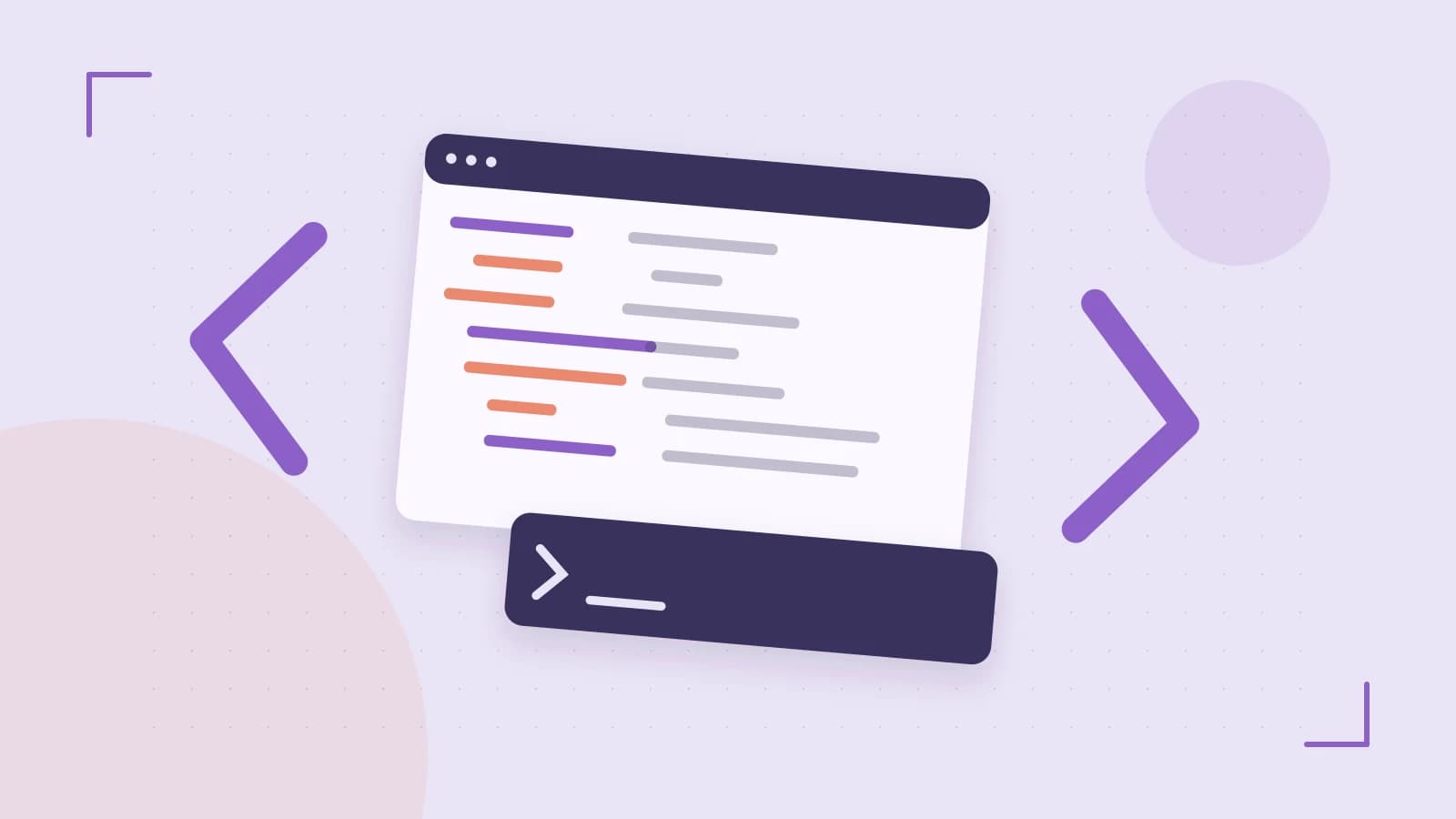 Editorial illustration of an abstract code editor, syntax blocks and oversized programming brackets