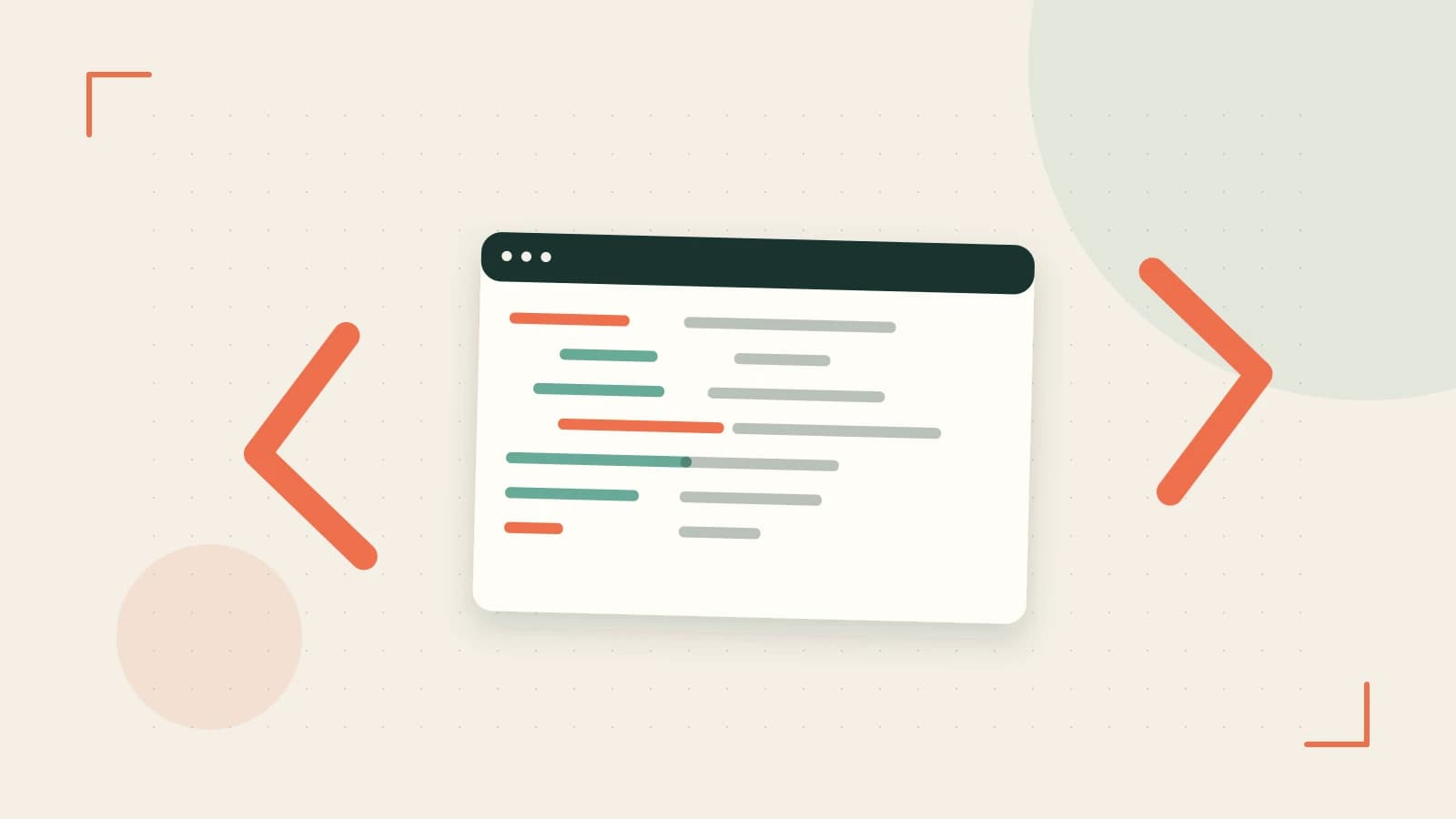 Editorial illustration of an abstract code editor, syntax blocks and oversized programming brackets