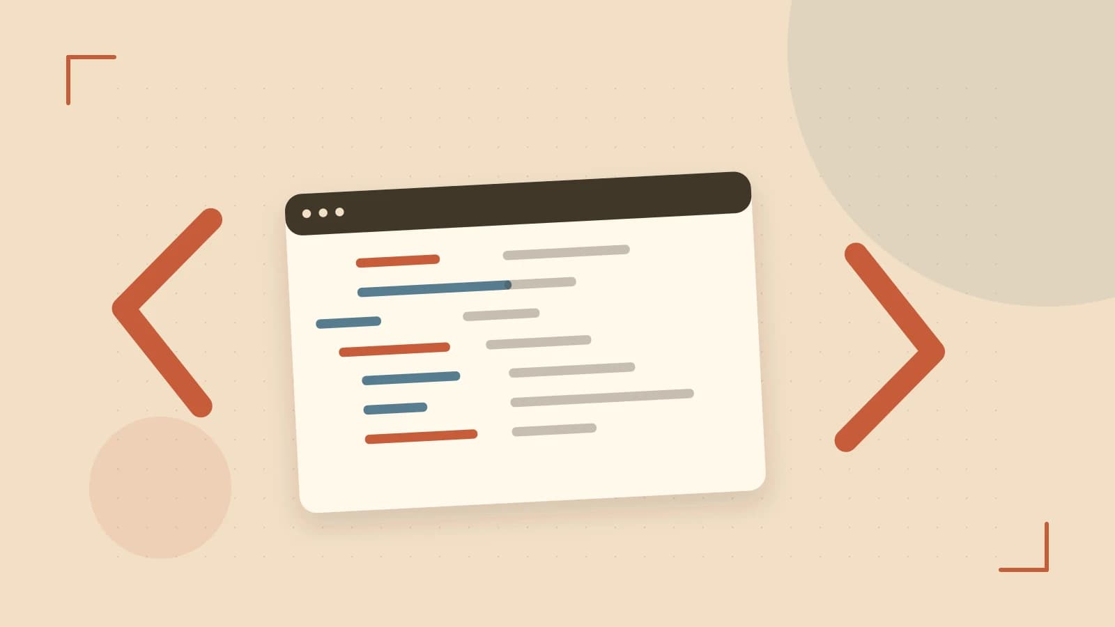 Editorial illustration of an abstract code editor, syntax blocks and oversized programming brackets