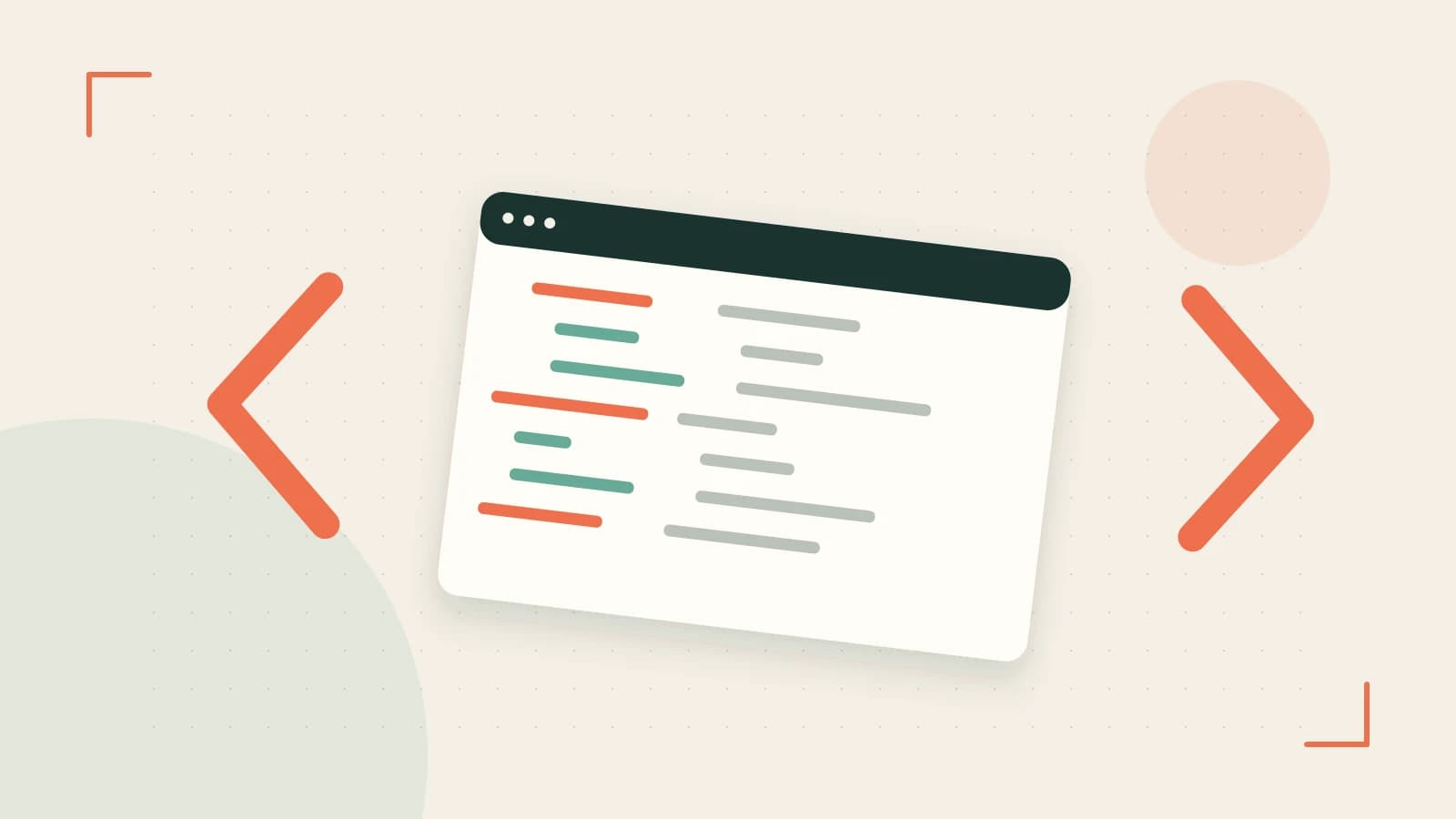 Editorial illustration of an abstract code editor, syntax blocks and oversized programming brackets