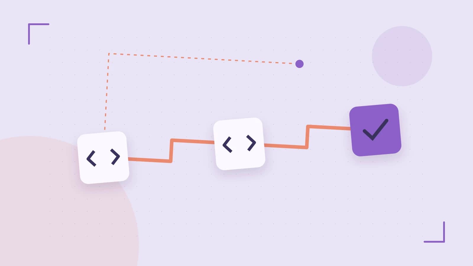 Editorial illustration of a branching build pipeline, staged transformations and a completed check