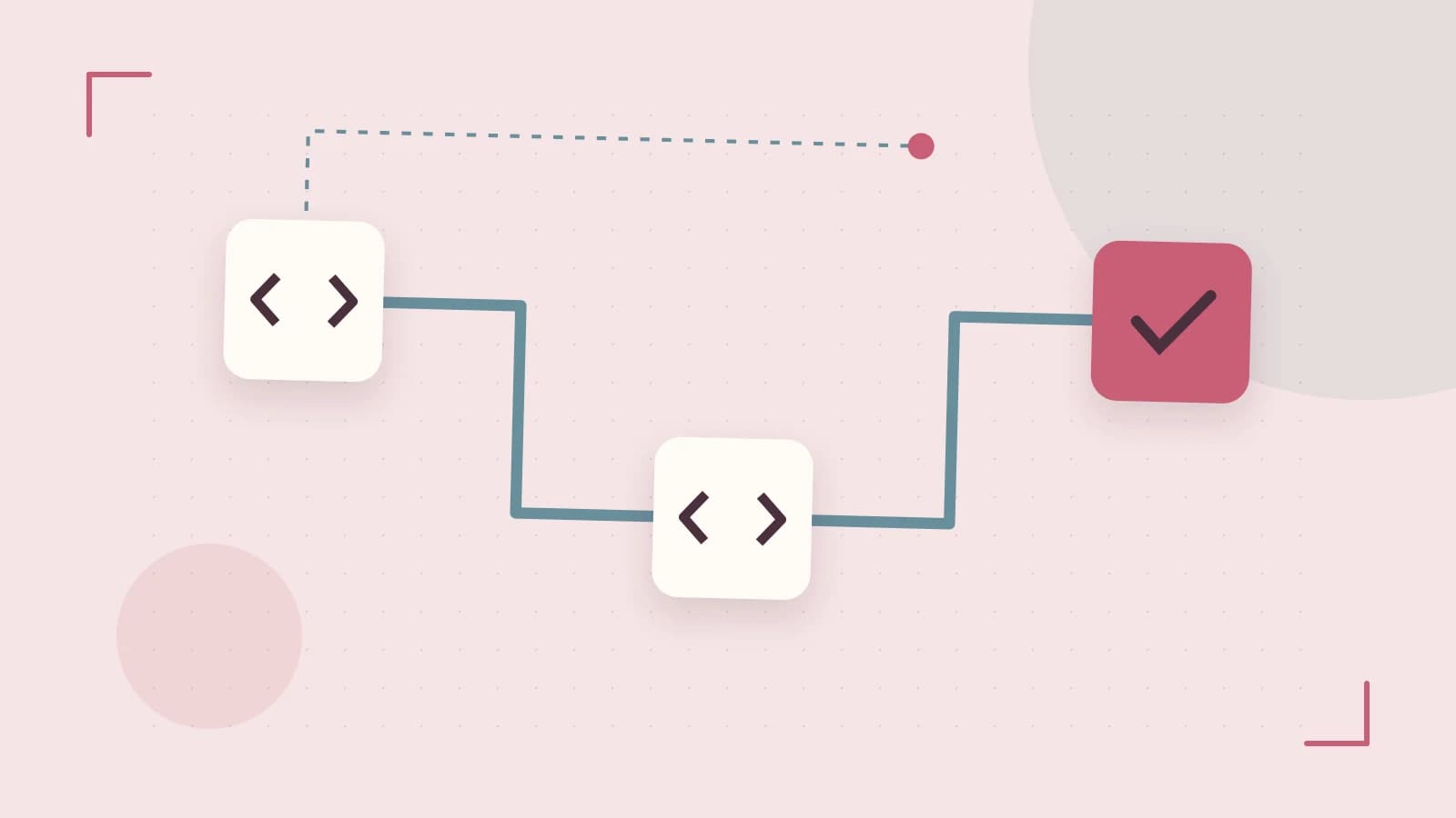 Editorial illustration of a branching build pipeline, staged transformations and a completed check