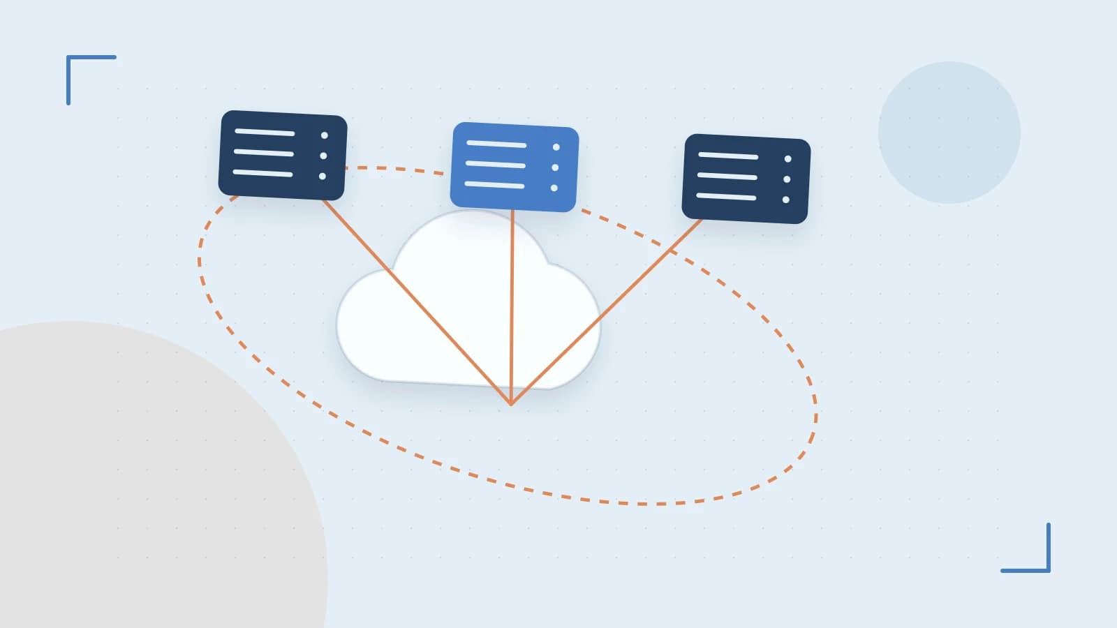 Editorial illustration of cloud infrastructure, connected server racks and an orbital service map